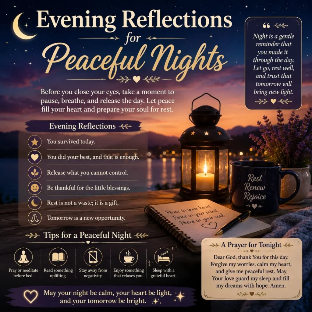 Evening reflections for peaceful nights poster with lantern, calming prayer, moonlight, and relaxing bedtime quotes