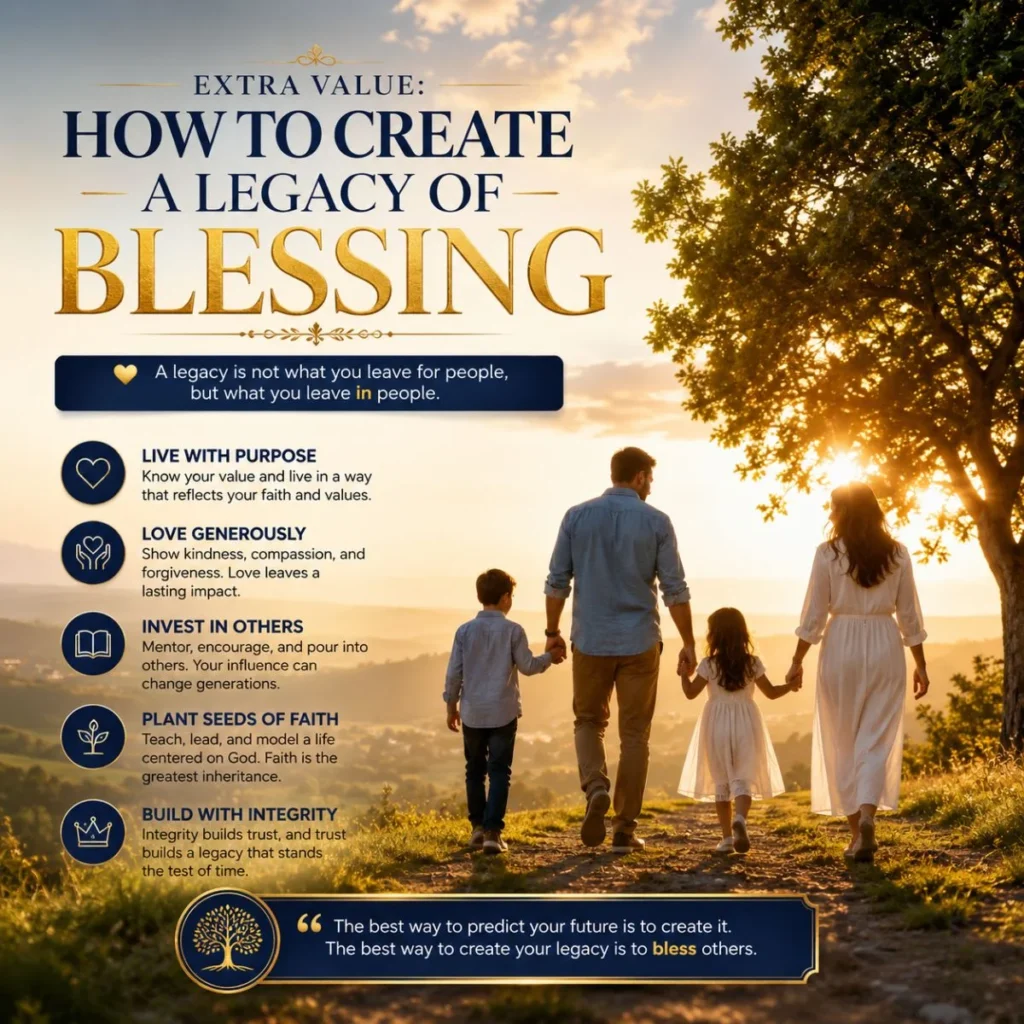 Inspirational family walking at sunset with message about creating a legacy of blessing and lasting values