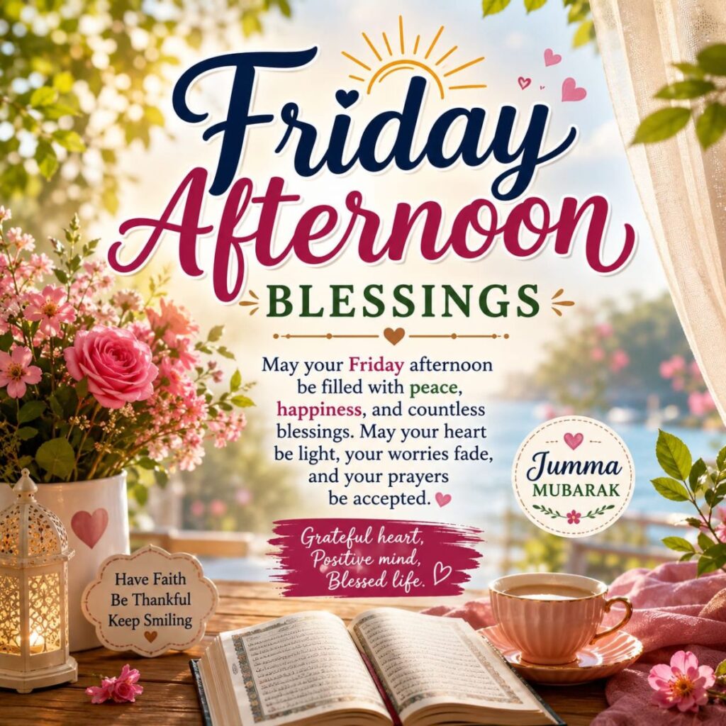 Friday afternoon blessings graphic with flowers, Quran, coffee cup, and Jumma Mubarak message in warm sunlight