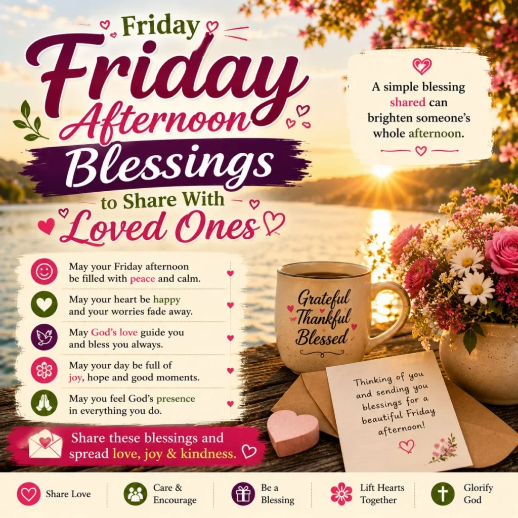 Friday afternoon blessings image to share with loved ones featuring sunset lake, flowers, and heartfelt quotes