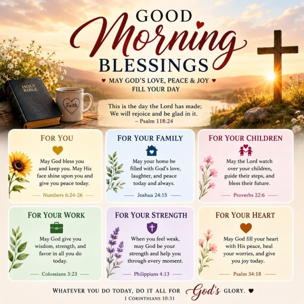 Christian good morning blessings image with Bible verse, sunrise cross, and inspirational prayers for family and strength