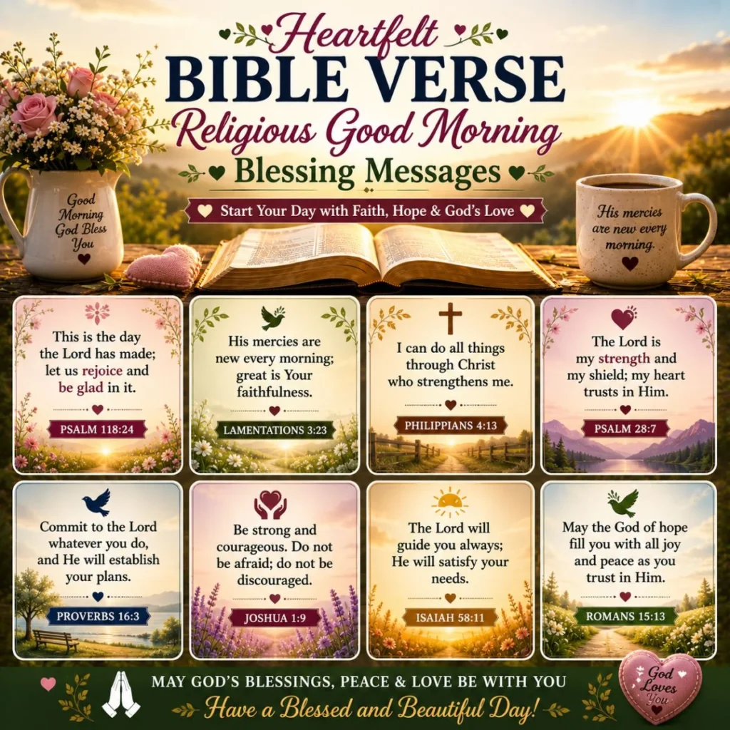 Heartfelt Bible verse good morning blessing messages with sunrise, open Bible, flowers, and faith scriptures