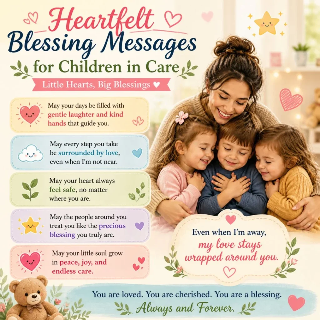 Heartfelt blessing messages for children in care with loving caregiver hugging kids in a warm daycare setting