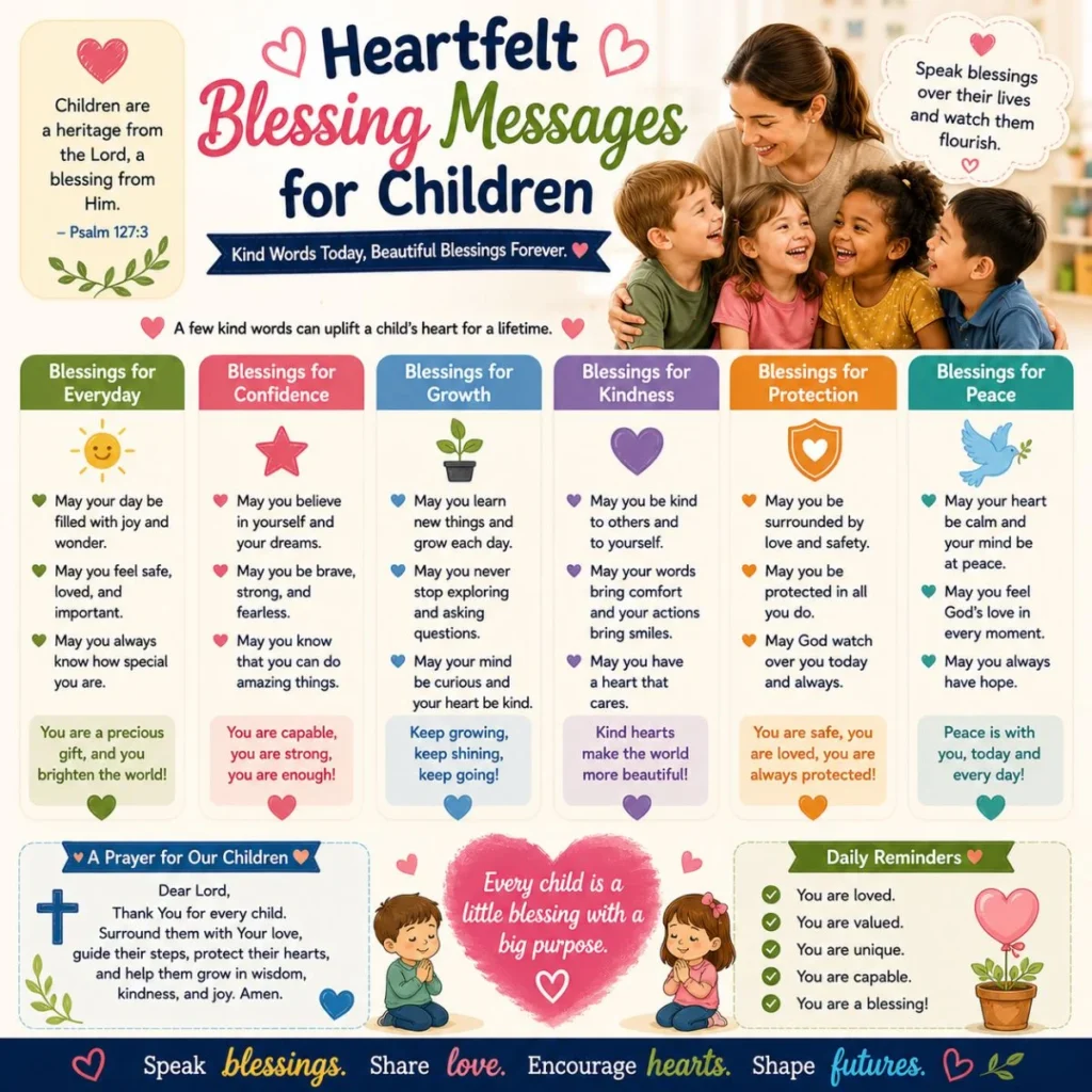 Heartfelt blessing messages for children poster with caregiver, kids, prayers, protection, peace, and daily reminders