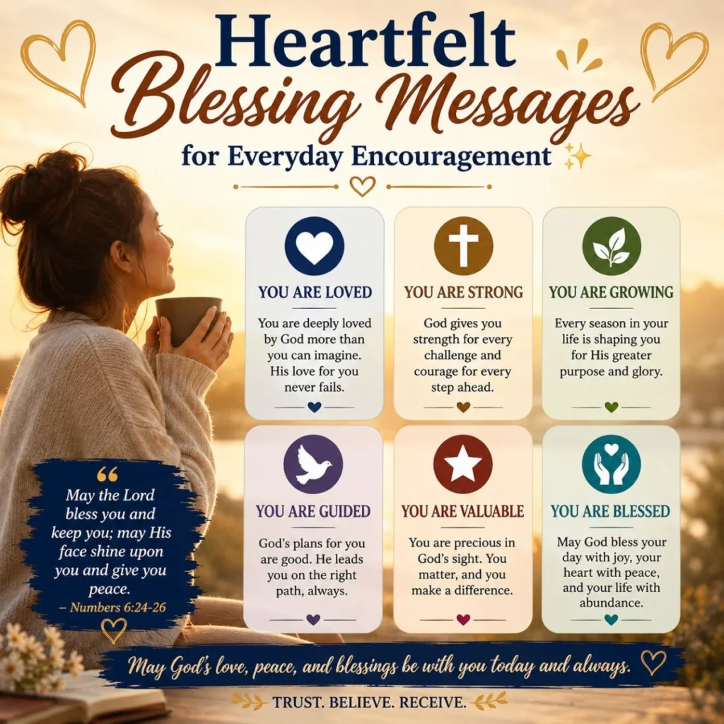 Heartfelt blessing messages for everyday encouragement with Christian inspiration, faith quotes, and peaceful sunrise