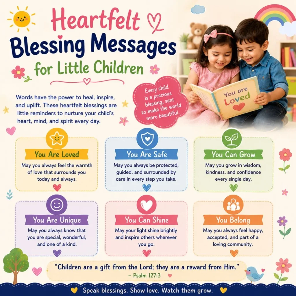 Heartfelt blessing messages poster for little children with colorful illustrations and loving inspirational quotes