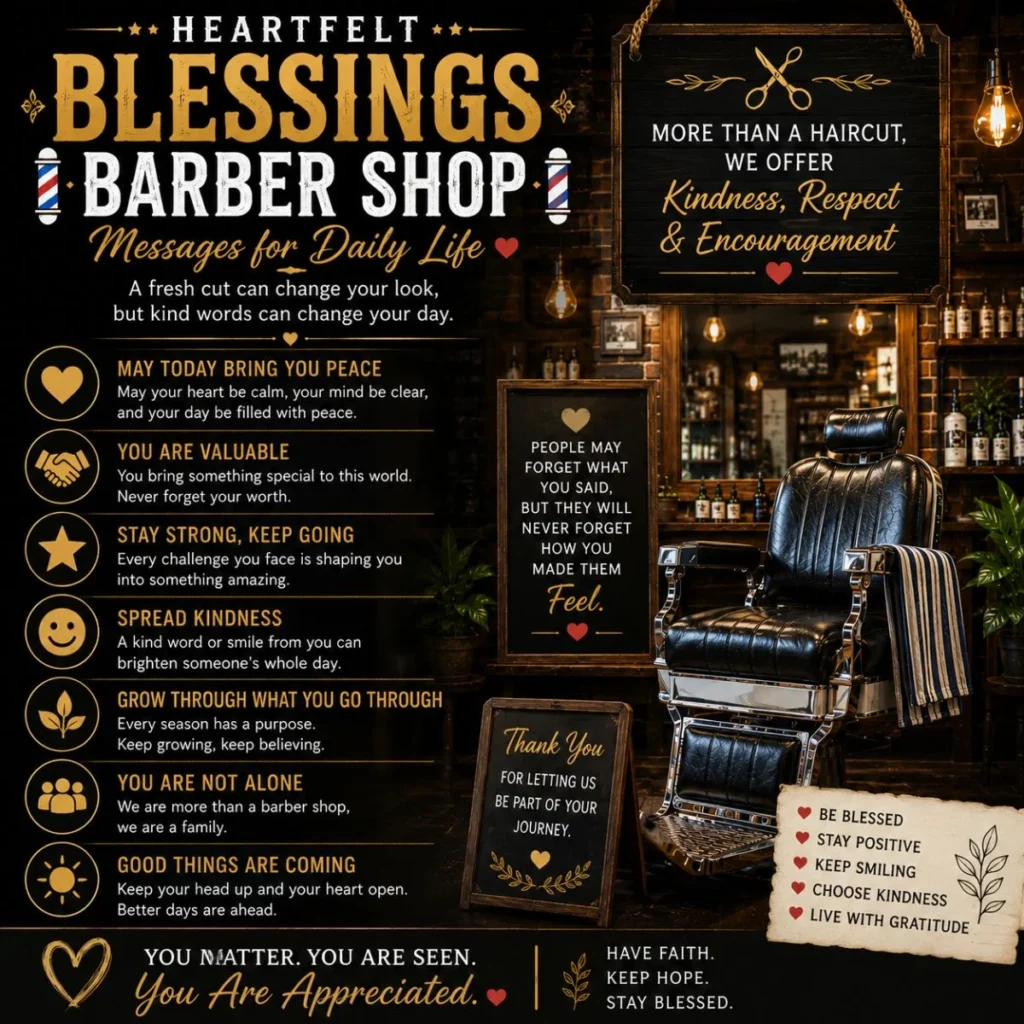 Heartfelt blessings barber shop messages with vintage chair, warm lights, kindness and daily hope