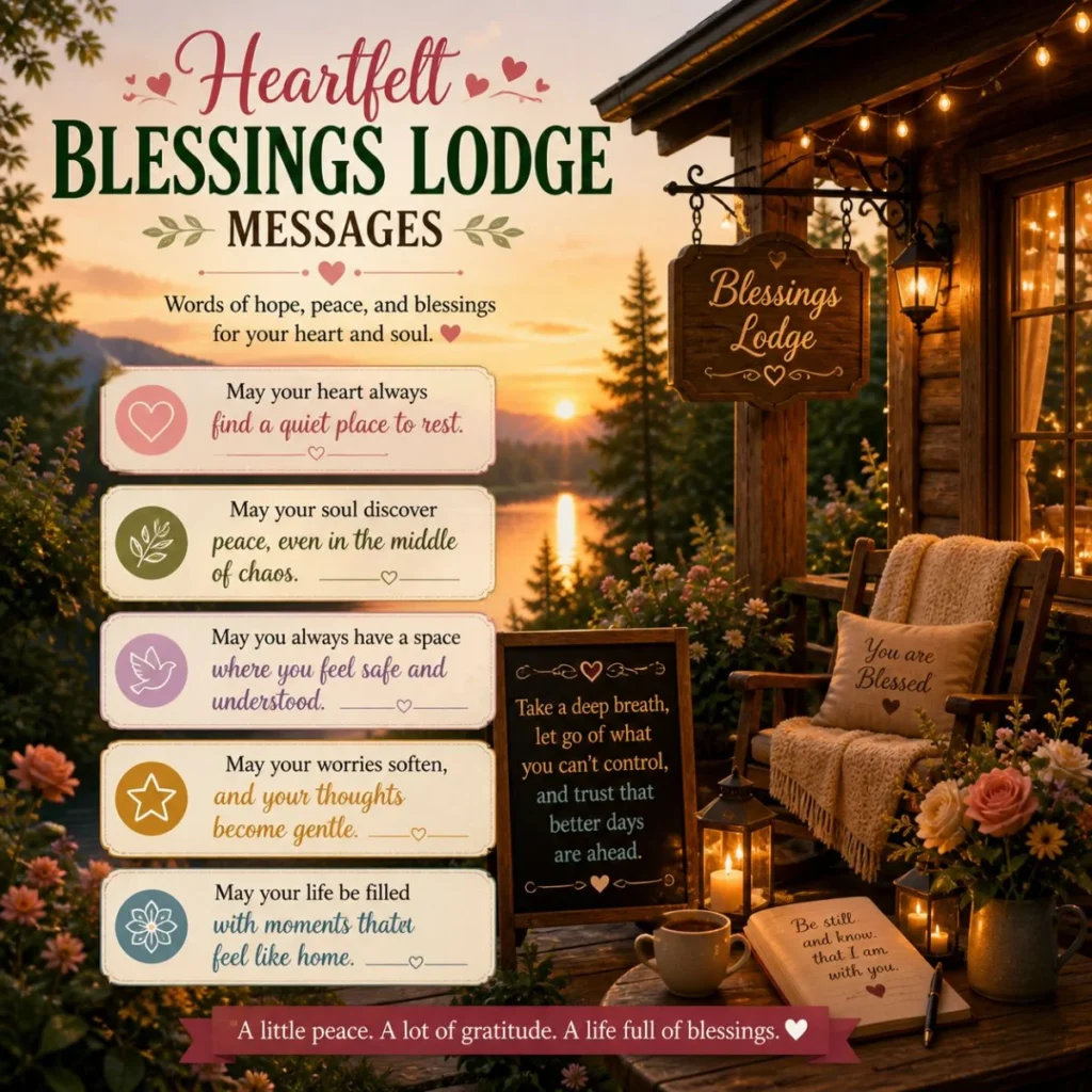 Heartfelt blessings lodge messages with cozy cabin, sunset, candles and peaceful quotes for calm and healing