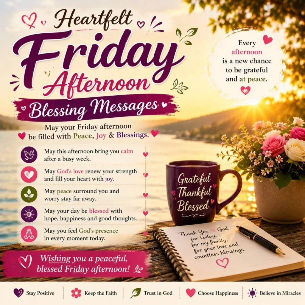 Heartfelt Friday afternoon blessing messages image with sunset lake, flowers, gratitude mug, and peaceful quotes