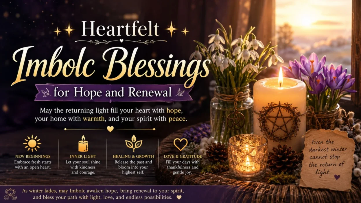 Heartfelt Imbolc blessings with candles, spring flowers, and warm light for hope and renewal