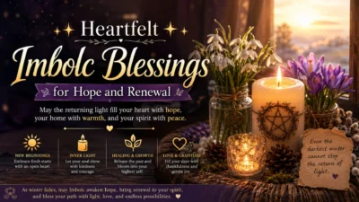 Heartfelt Imbolc blessings with candles, spring flowers, and warm light for hope and renewal