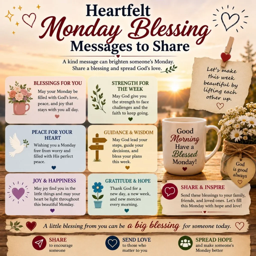 Heartfelt Monday blessing messages with sunrise, flowers, coffee mug, love, peace, and hope reminders