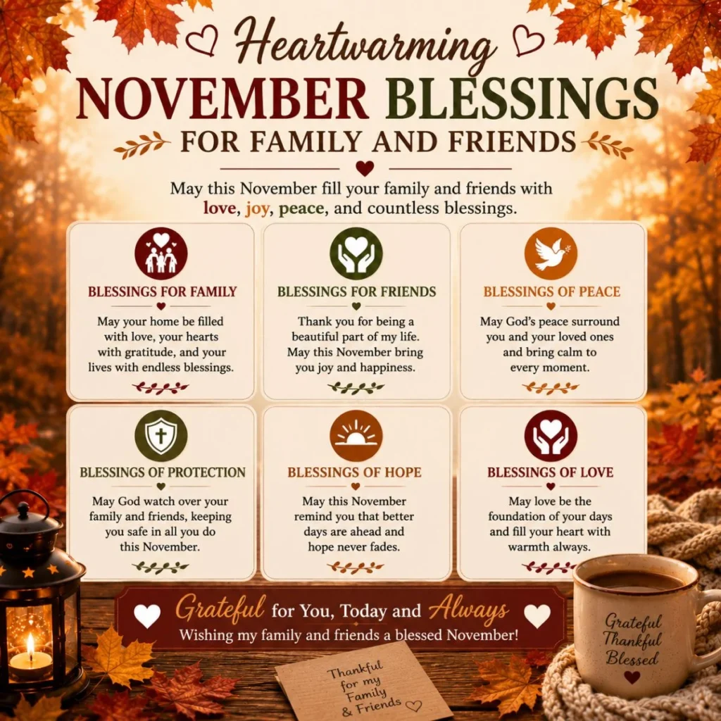 Heartwarming November blessings for family and friends with love, peace, hope, protection, autumn leaves, and candle