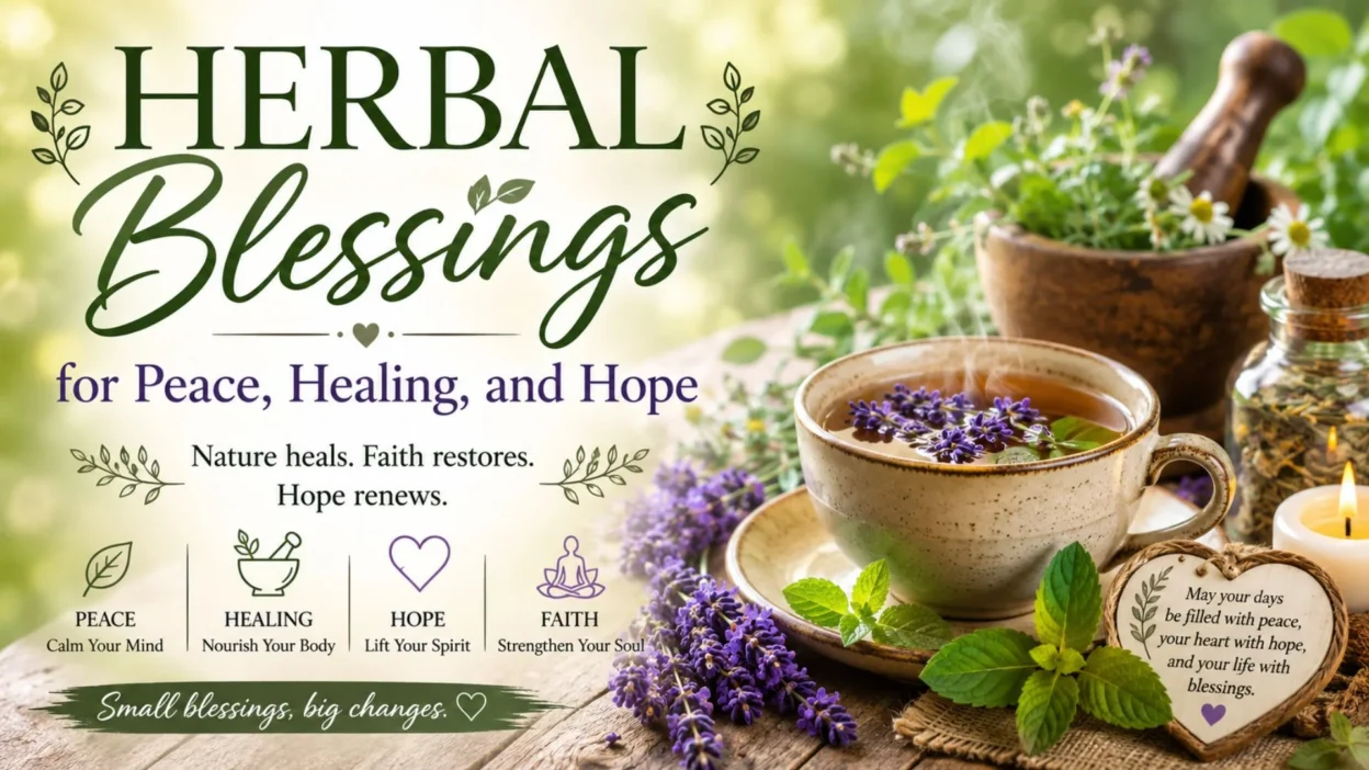 Herbal blessings tea with lavender, mint, candle, and peaceful healing hope message