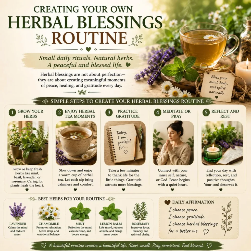 Herbal blessings routine with tea, herbs, gratitude journal, prayer, lavender, chamomile, mint, and rosemary