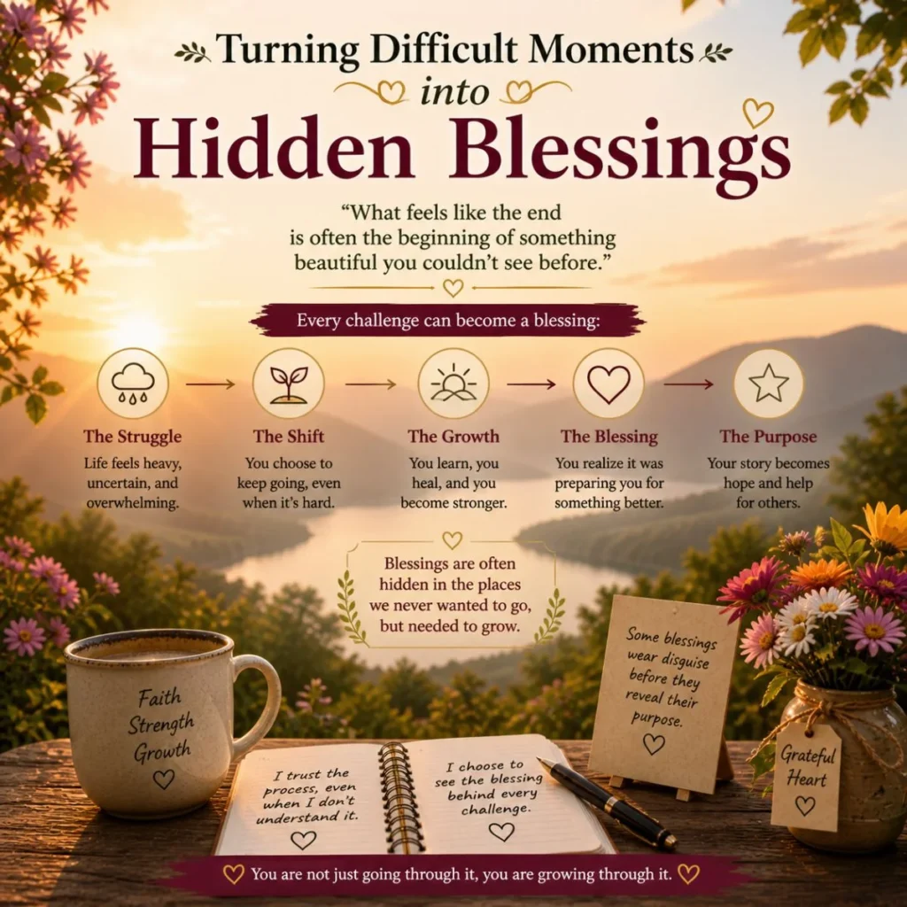 Turning difficult moments into hidden blessings with sunrise, journal, coffee, and peaceful nature reflection