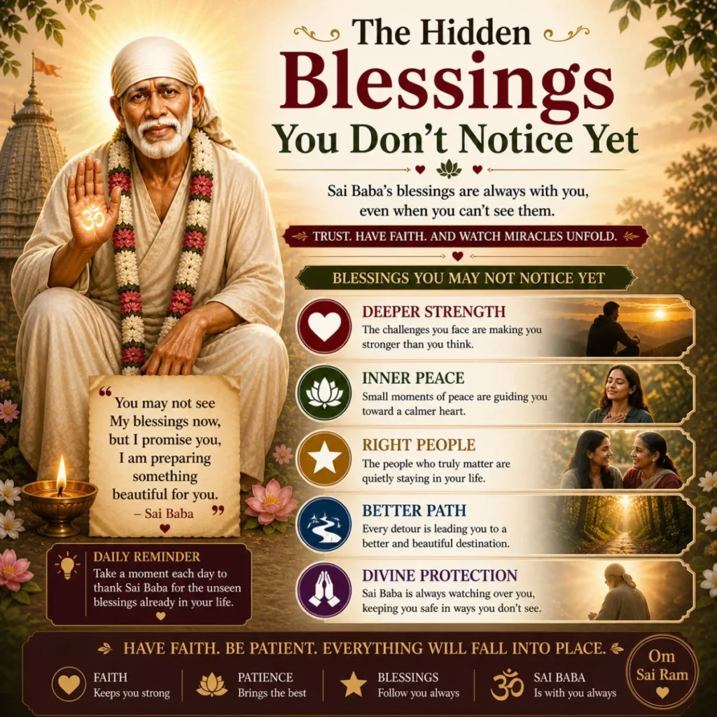 Sai Baba hidden blessings image with temple sunrise, diya, and messages of inner peace strength and guidance