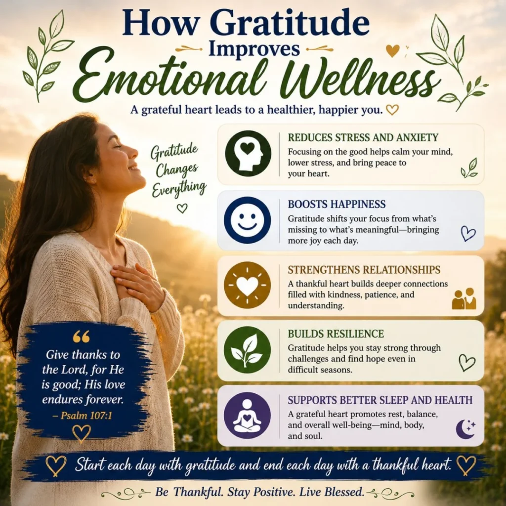 How gratitude improves emotional wellness with Christian inspiration, peaceful mindset tips, and thankful living quotes