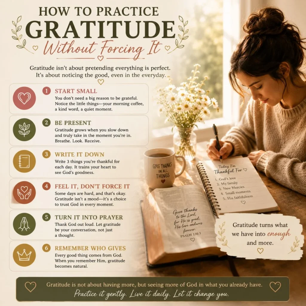 Gratitude practice image with woman journaling beside Bible, flowers, and warm morning light