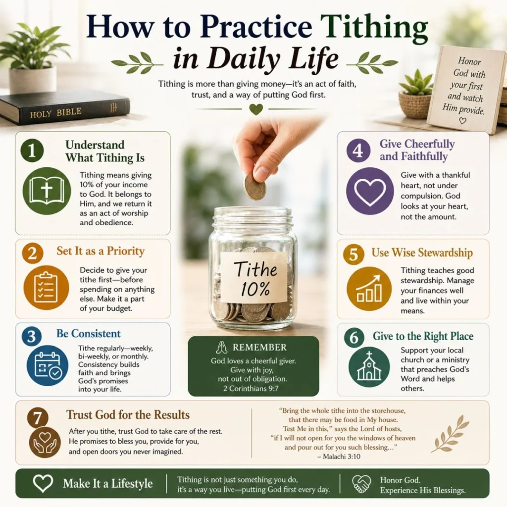 Guide on practicing tithing daily with steps like giving 10%, consistency, faith, and stewardship