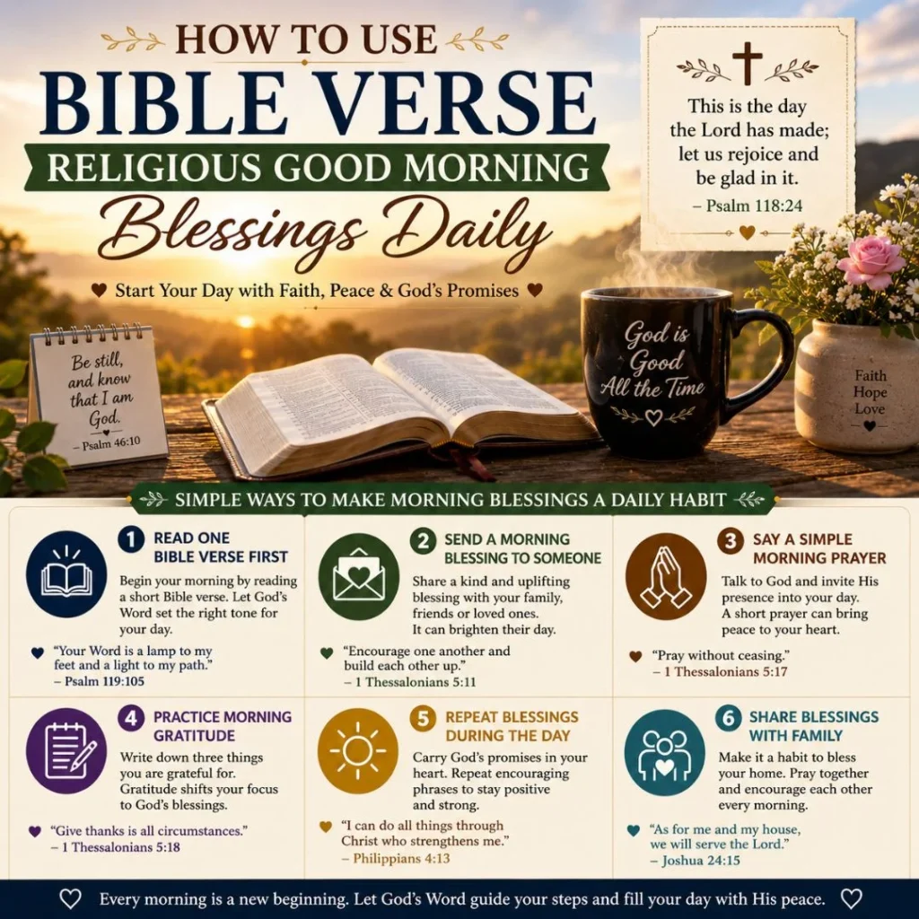 How to use bible verse religious good morning blessings daily image with Bible, coffee mug, sunrise, and morning tips