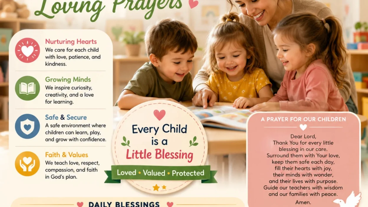 Little Blessings Child Care Center poster with caregiver, children, prayers, and faith-based daycare blessings