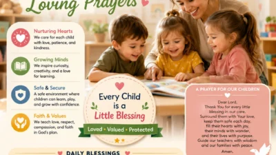 Little Blessings Child Care Center poster with caregiver, children, prayers, and faith-based daycare blessings