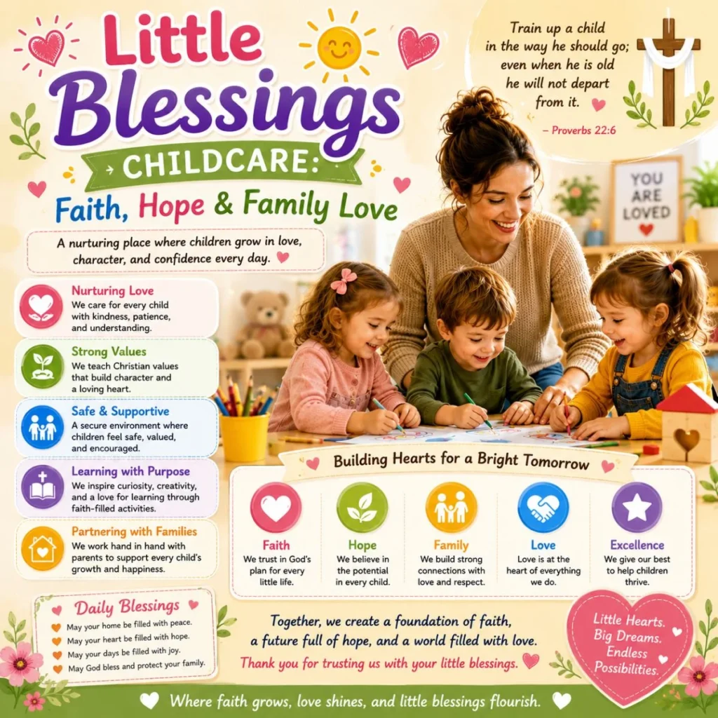 Little Blessings Childcare faith and family love poster with caring teacher and happy children learning together