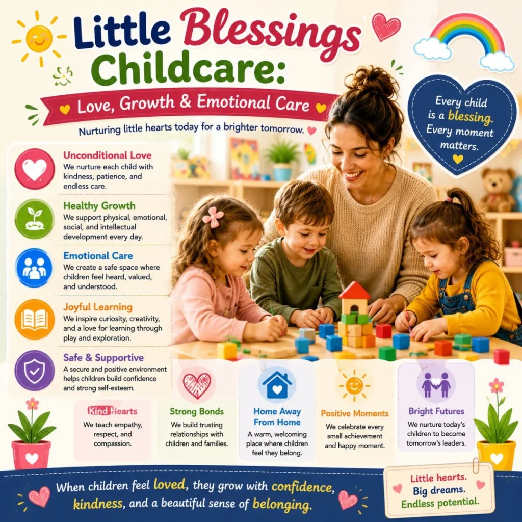 Little Blessings Childcare poster with caring teacher and children learning through love and emotional care