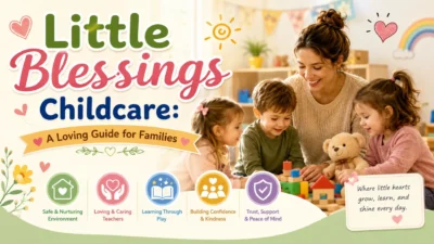 Little Blessings Childcare banner with caring teacher and happy children learning and playing together