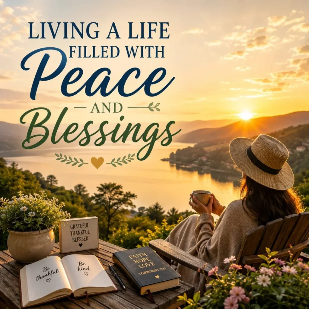 Peaceful lakeside sunrise with woman enjoying coffee and inspirational peace and blessings quote
