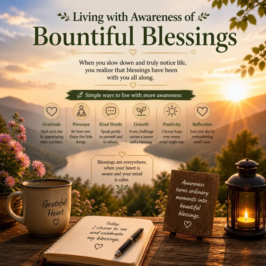 Living with awareness of bountiful blessings shown with sunrise, journal, candle, and peaceful nature reflection
