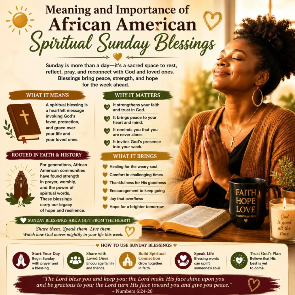 Meaning and importance of African American spiritual Sunday blessings with prayer, Bible, faith mug, and peace