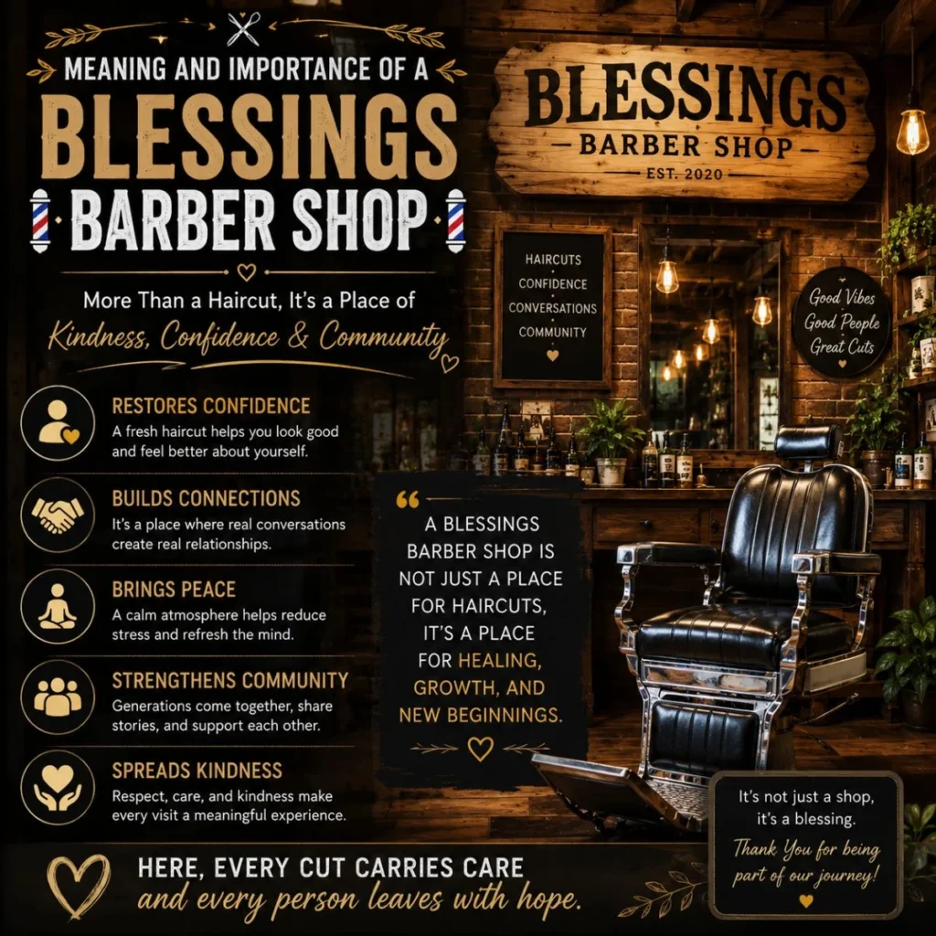 Blessings barber shop meaning with vintage chair, warm lights, kindness and community message