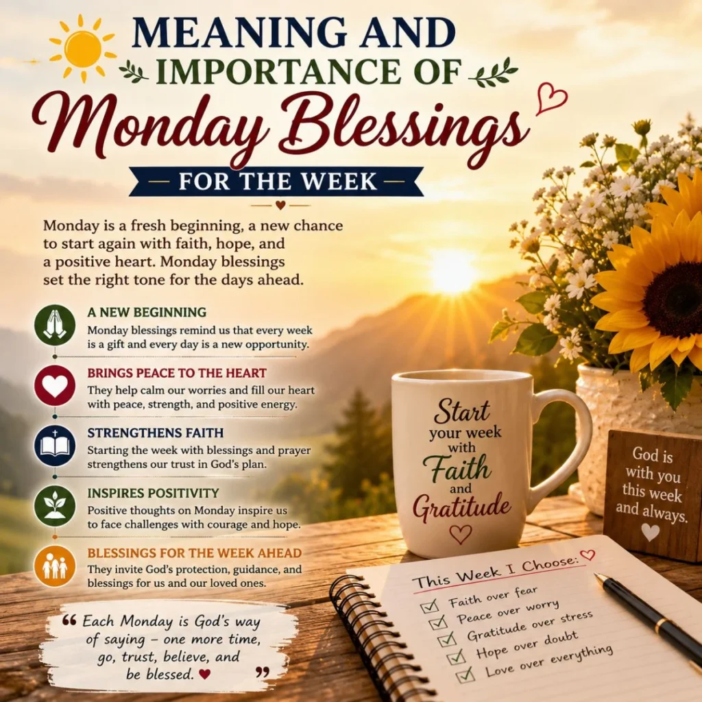 Meaning and importance of Monday blessings with sunrise, sunflower, faith mug, and weekly hope checklist