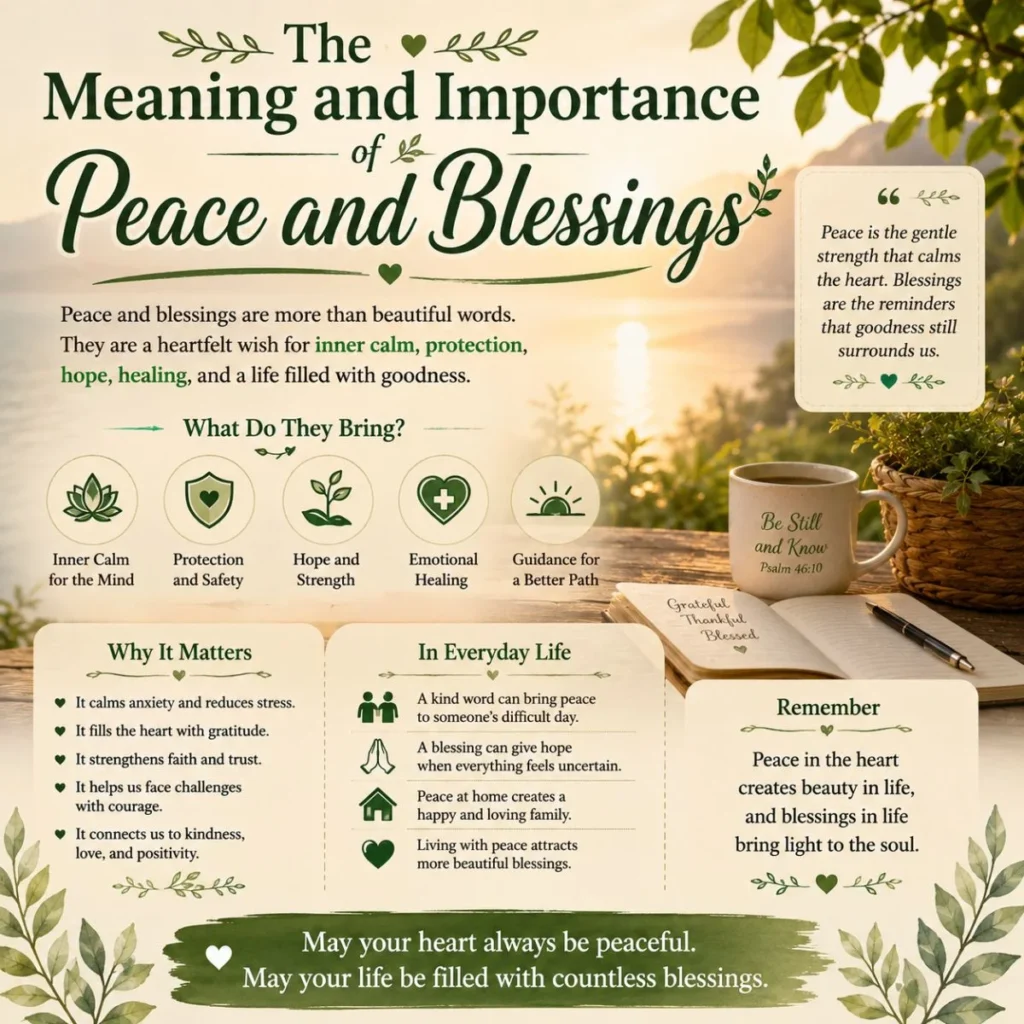 Meaning and importance of peace and blessings poster with calming nature, faith symbols, and emotional wellness quotes