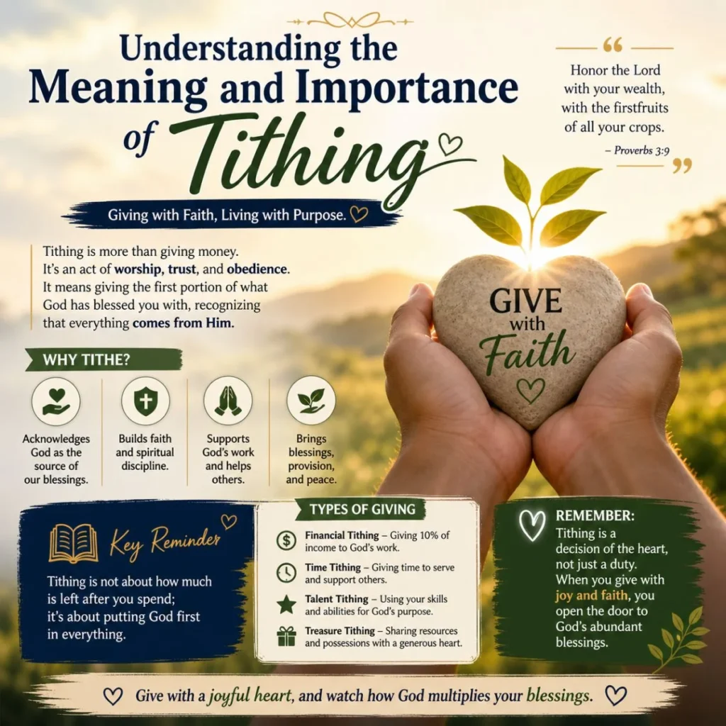 Meaning and importance of tithing infographic showing giving with faith, trust, worship, and spiritual growth