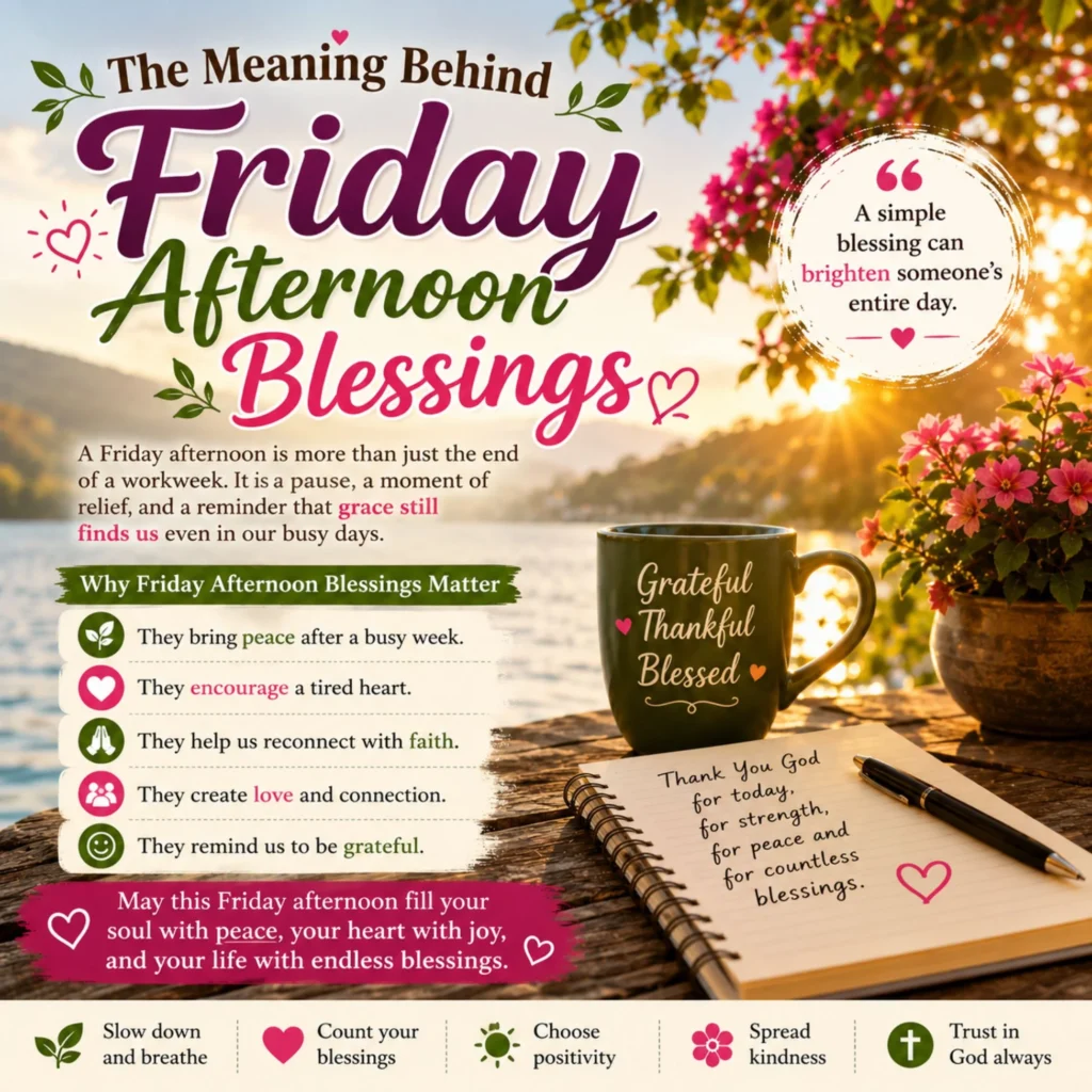 Meaning behind Friday afternoon blessings image with sunset lake, flowers, gratitude mug, and peaceful quotes