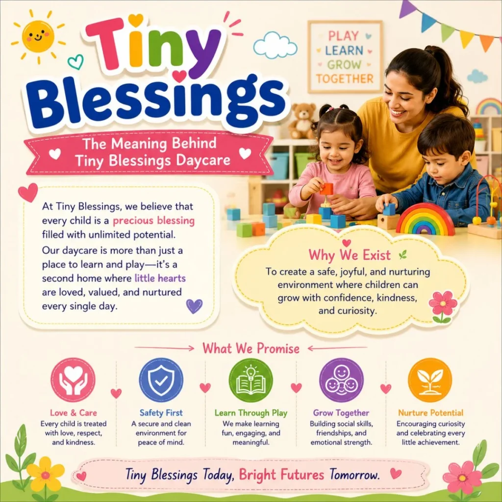 Colorful Tiny Blessings Daycare poster showing happy children learning and playing in a loving environment