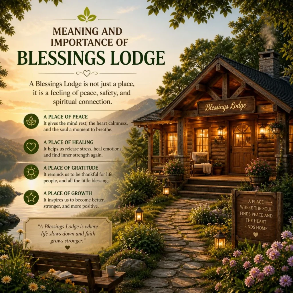 Meaning and importance of blessings lodge with peaceful cabin, nature, sunset and spiritual calm setting