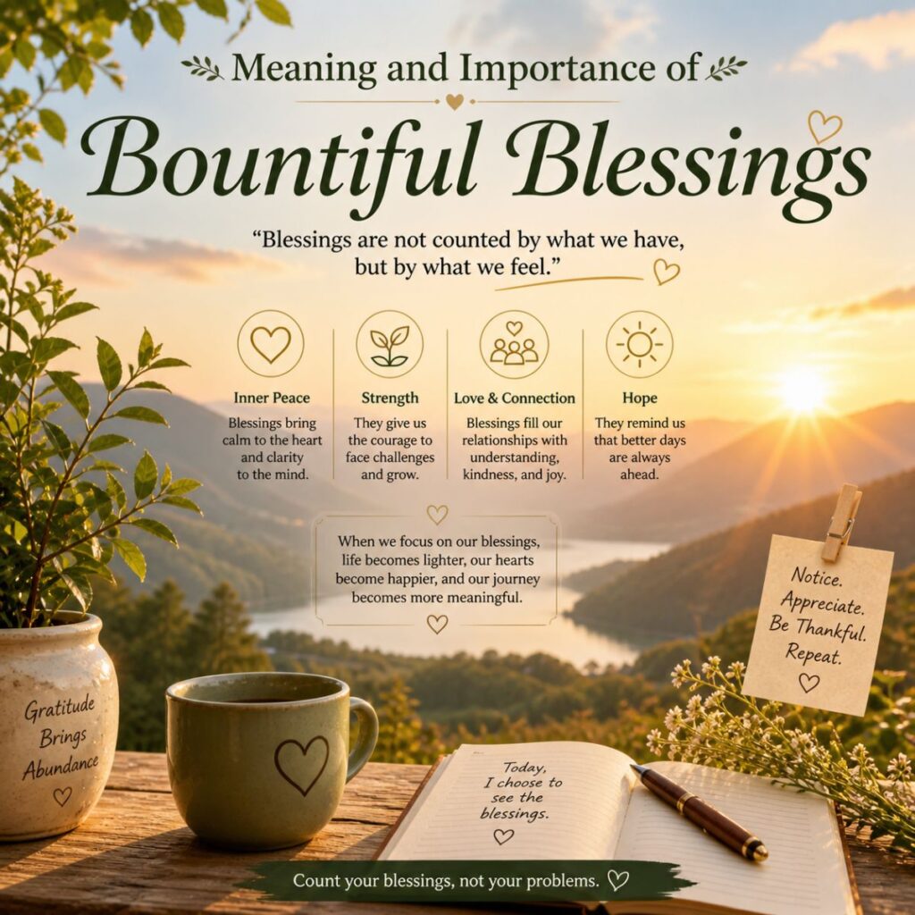 Meaning and importance of bountiful blessings with sunrise mountains, journal, coffee, and peaceful gratitude message