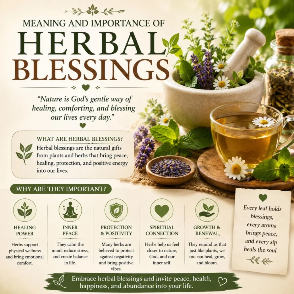 Herbal blessings infographic with herbal tea, lavender, mint, chamomile, and spiritual healing benefits