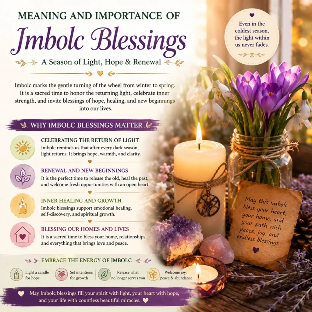 Meaning of Imbolc blessings with candles, crocus flowers, crystals, and warm spiritual renewal
