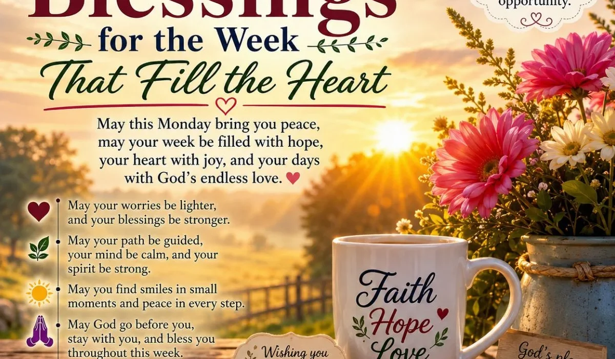 Monday blessings for the week with sunrise, flowers, faith mug, and peaceful inspirational message