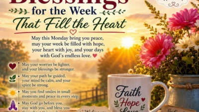 Monday blessings for the week with sunrise, flowers, faith mug, and peaceful inspirational message