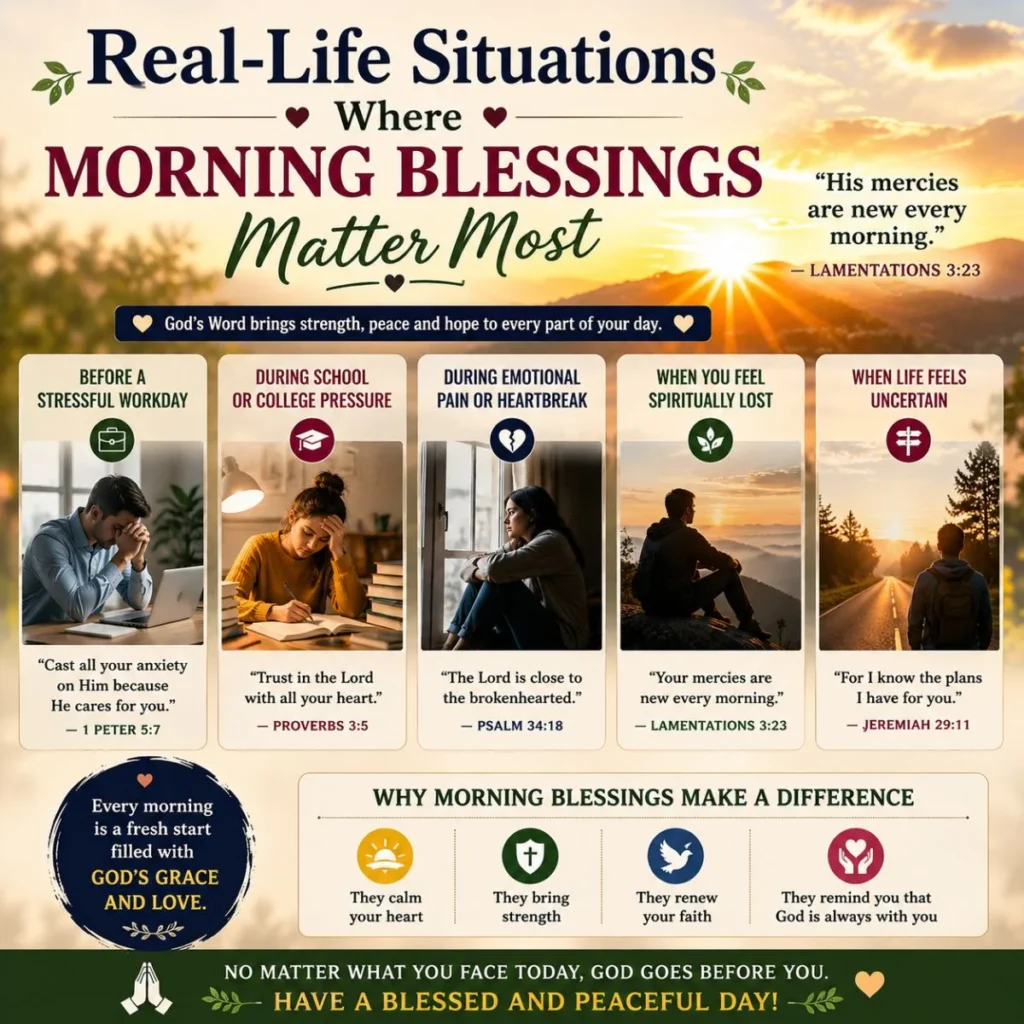 Morning blessings for real-life situations with Bible verses, sunrise, faith, peace, and hope
