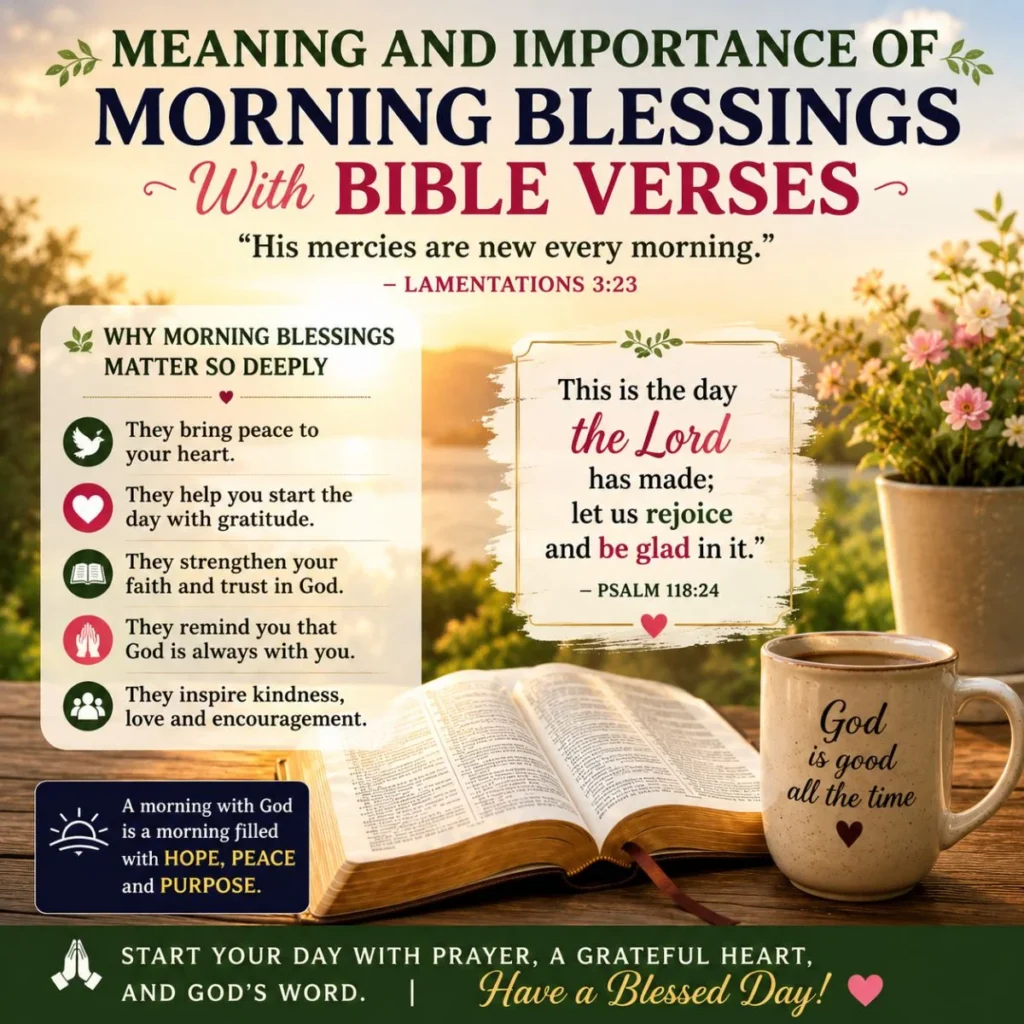 Morning blessings with Bible verses, sunrise, open Bible, coffee, and Lamentations scripture