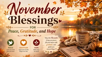 November blessings graphic with autumn lake, cozy candle, warm drink, peace, gratitude, and hope
