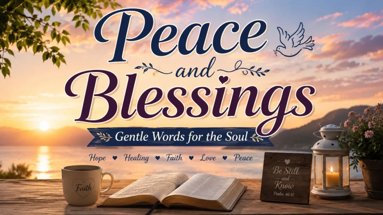 Peace and blessings sunrise scene with Bible, candle lantern, faith mug, and calming spiritual message