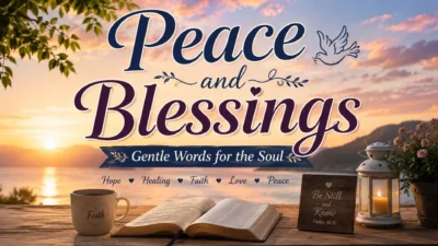 Peace and blessings sunrise scene with Bible, candle lantern, faith mug, and calming spiritual message